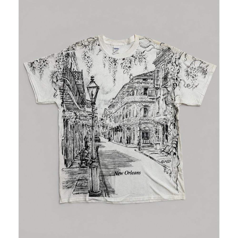 New Orleans Gildan T-Shirt Men's XL White French Quarter All Over Print Tee